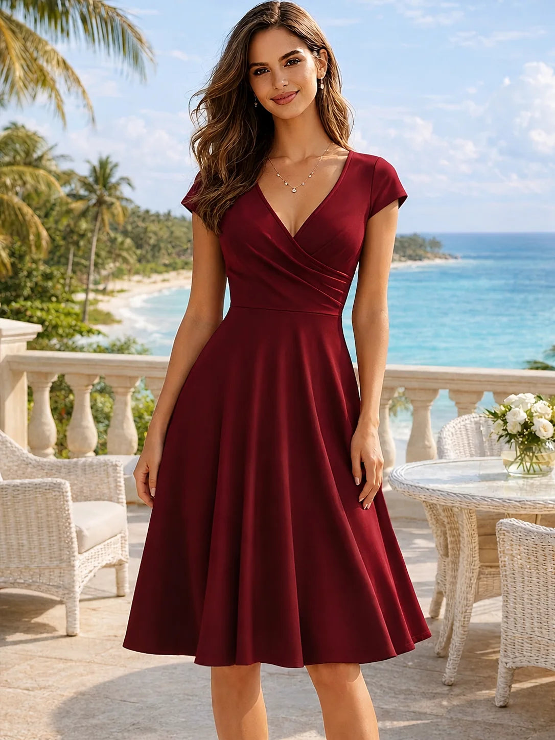 V Neck Cap Sleeve Wrap Front A Line Midi Dress