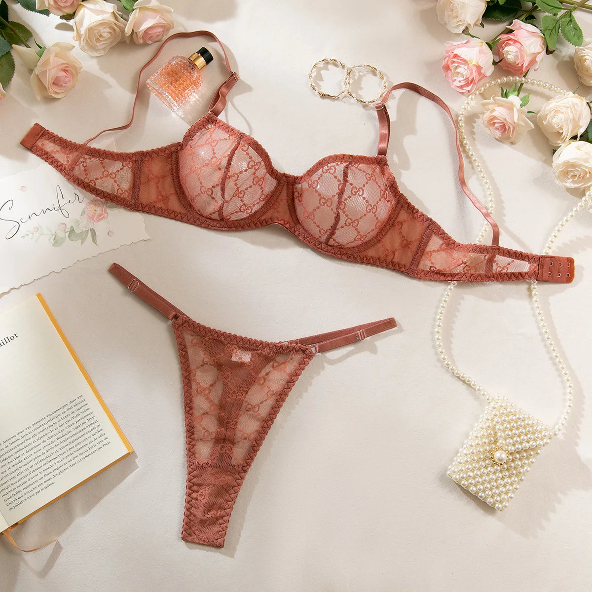 Embroidered Mesh Underwire Bra and Panty Set