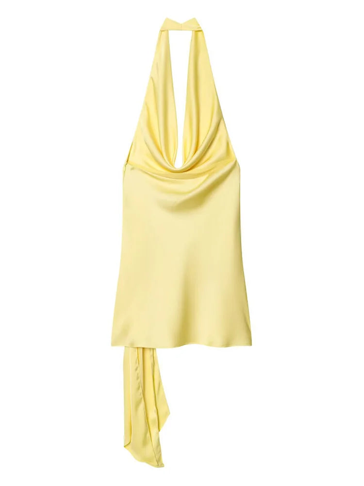 Satin Cowl Neck Halter Tie Side Mini Dress