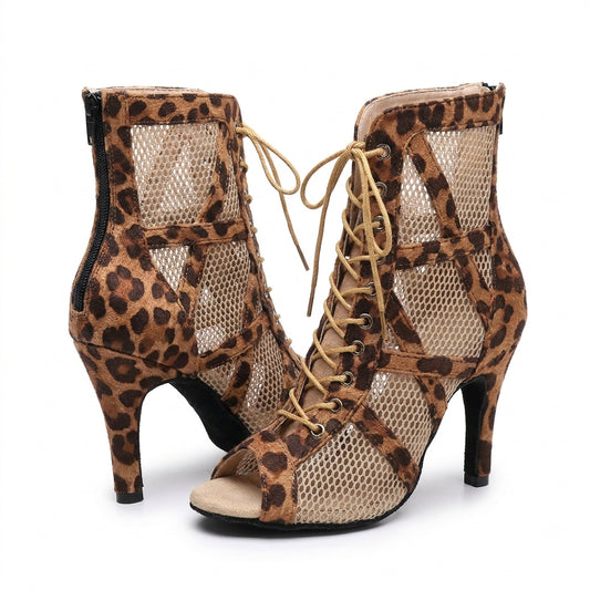 Safari Lace Up Leopard Print Mesh Heeled Booties