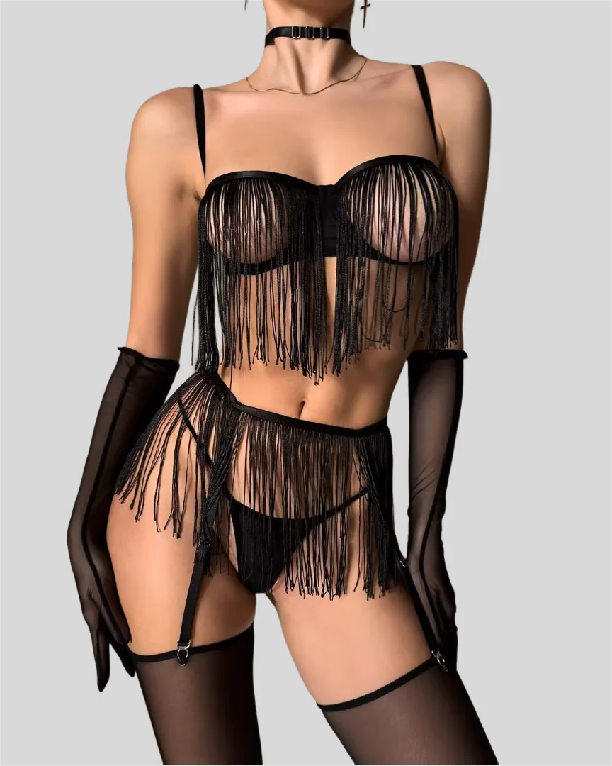 Tassel Sheer Garter Lingerie Set 8 Piece Collection