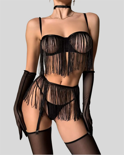 Tassel Sheer Garter Lingerie Set 8 Piece Collection
