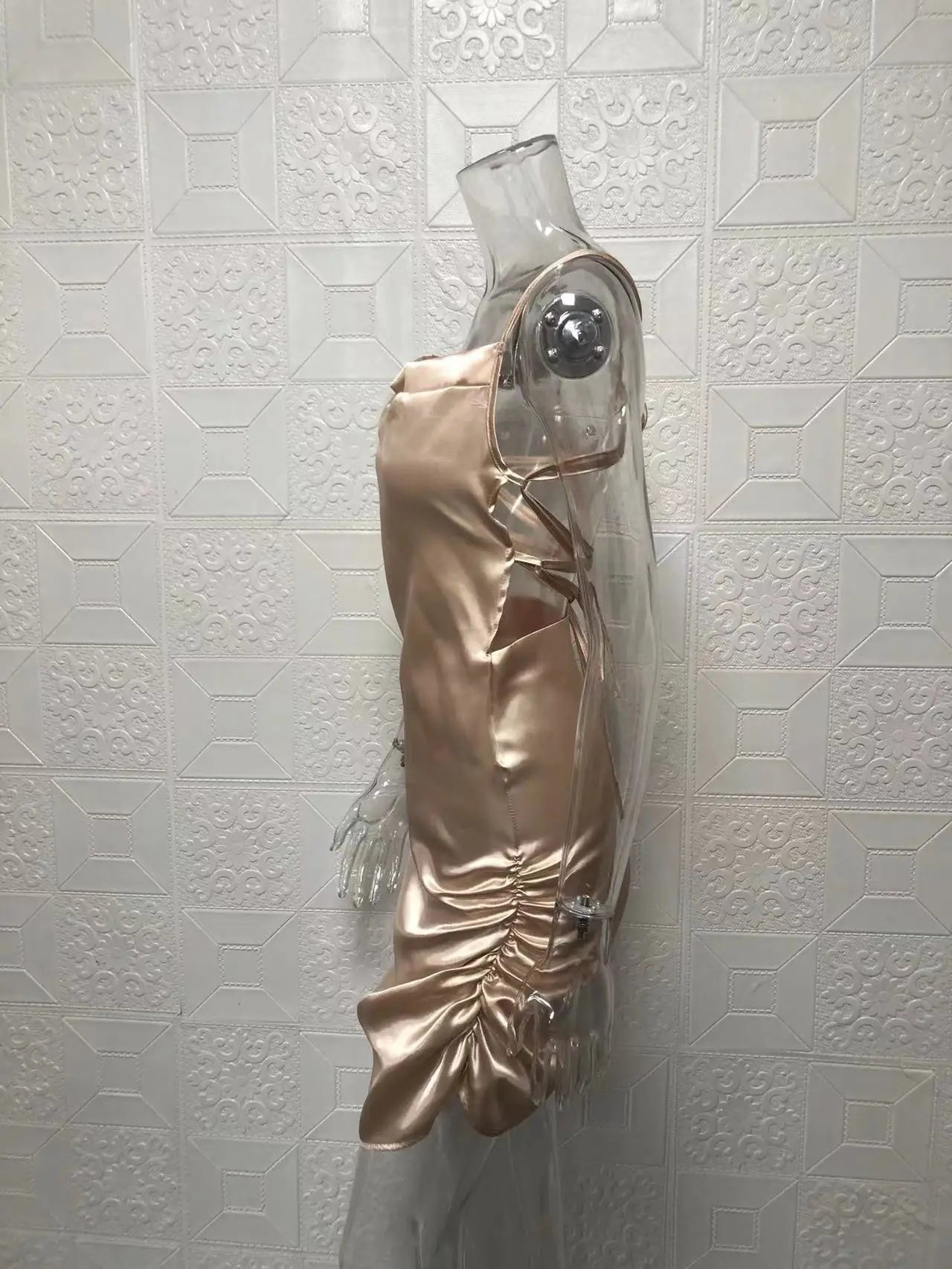 Satin Cowl Neck Ruched Side Slit Mini Dress