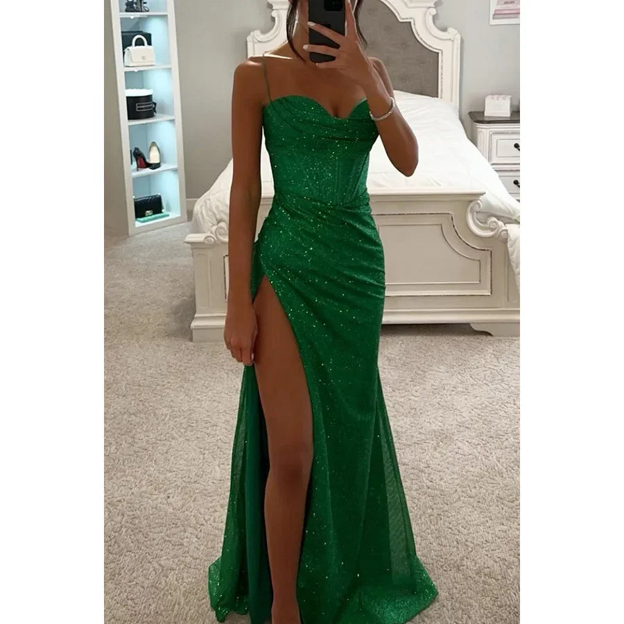 Spaghetti Strap Cowl Neck Corset Glitter High Slit Maxi Dress