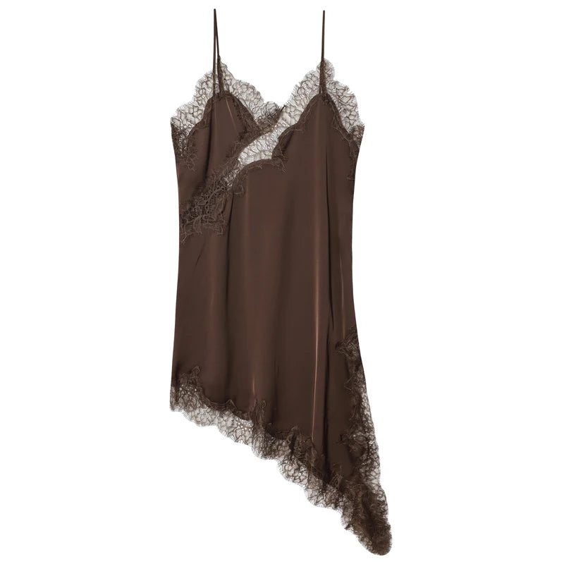 Spaghetti Strap Lace Trim Asymmetric Hem Slip Mini Dress