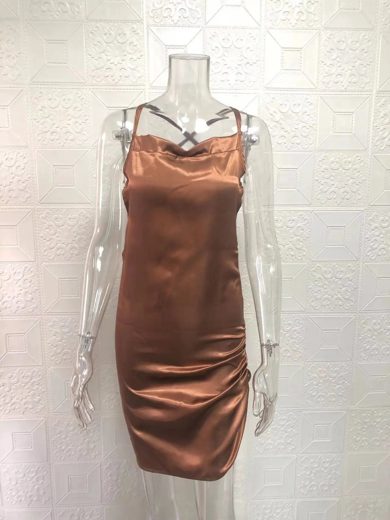 Satin Cowl Neck Ruched Side Slit Mini Dress