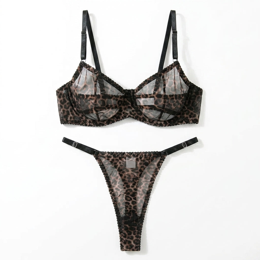 Leopard Embroidered Mesh Underwire Bra and Panty Set