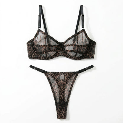 Leopard Embroidered Mesh Underwire Bra and Panty Set