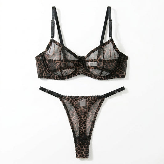 Leopard Embroidered Mesh Underwire Bra and Panty Set