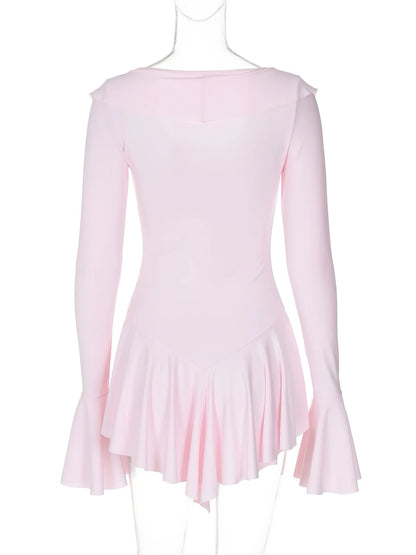 Long Sleeve Ruffle Trim Tie Front Mini Dress
