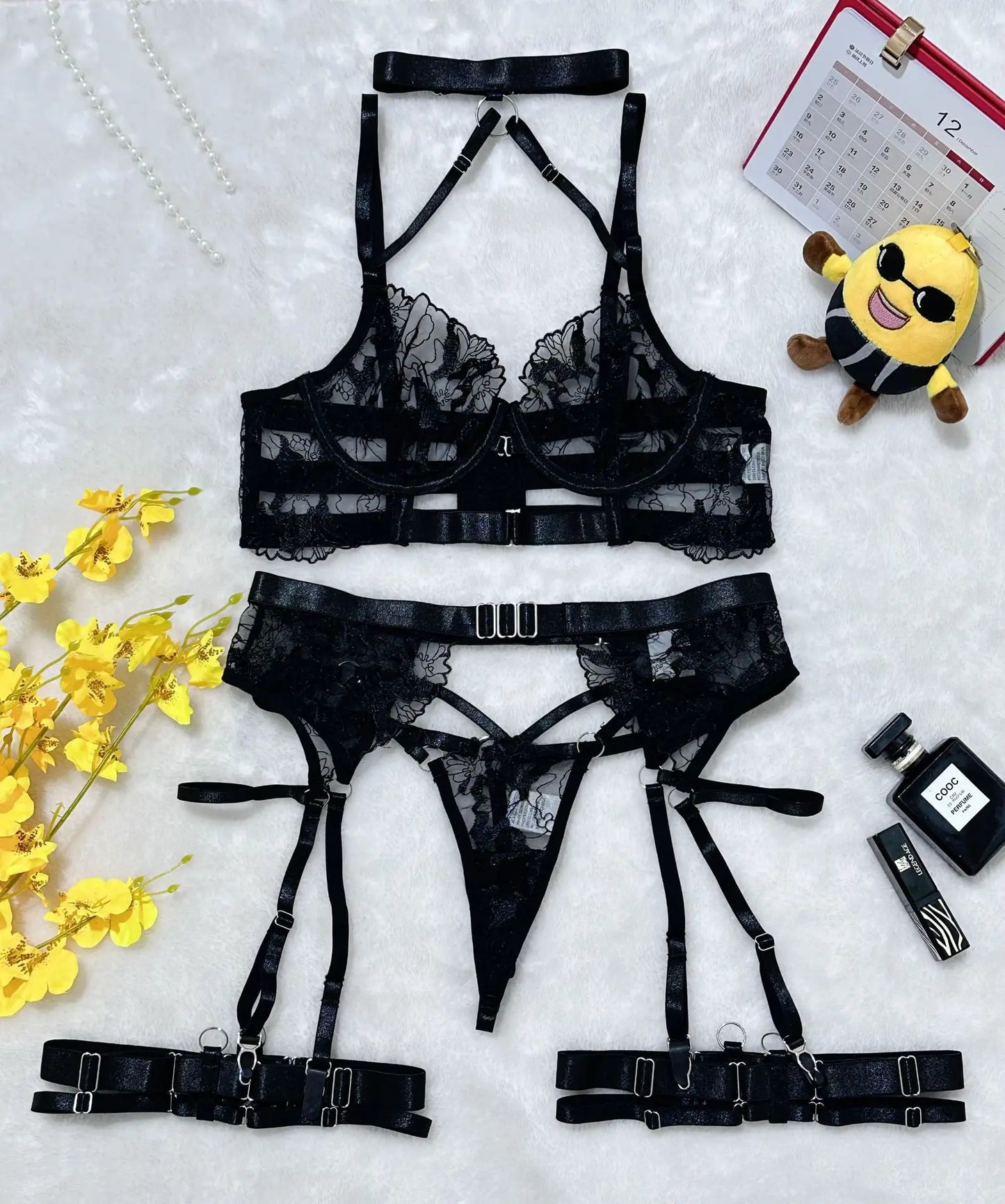 Embroidered Criss Cross Mesh Lingerie Set 4 Piece Collection