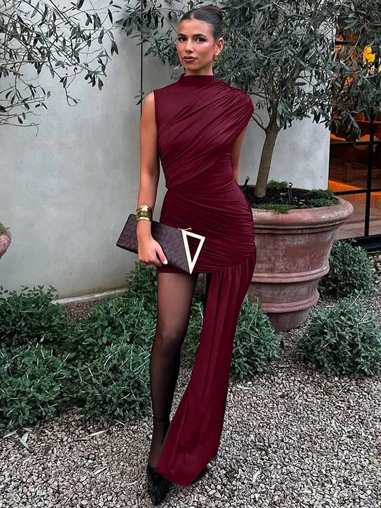 Sleeveless Mock Neck Draped Asymmetric Mini Dress