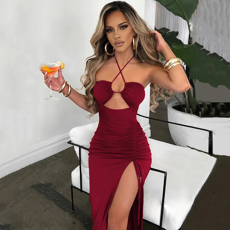 Halter Neck Criss Cross Cutout Ruched Side Slit Midi Dress
