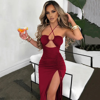 Halter Neck Criss Cross Cutout Ruched Side Slit Midi Dress