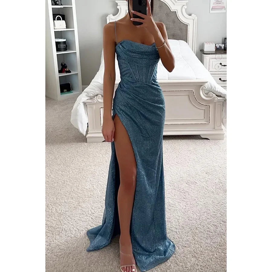 Spaghetti Strap Cowl Neck Corset Glitter High Slit Maxi Dress