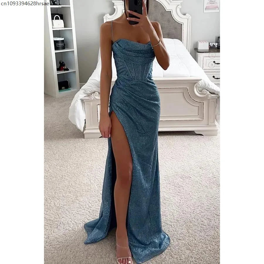 Spaghetti Strap Cowl Neck Corset Glitter High Slit Maxi Dress