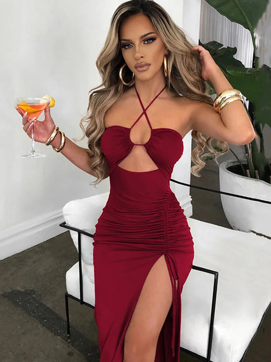Halter Neck Criss Cross Cutout Ruched Side Slit Midi Dress