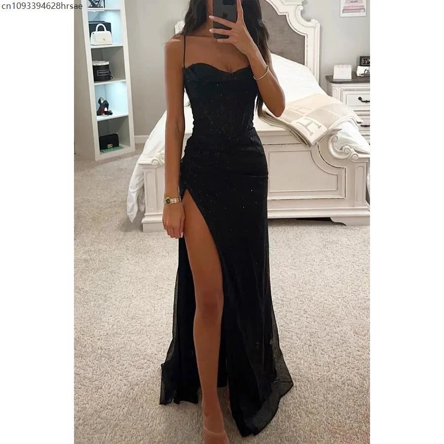 Spaghetti Strap Cowl Neck Corset Glitter High Slit Maxi Dress