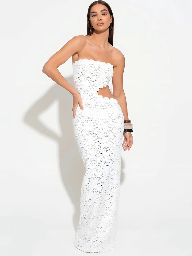 Strapless Lace Waist Cutout Mermaid Maxi Dress