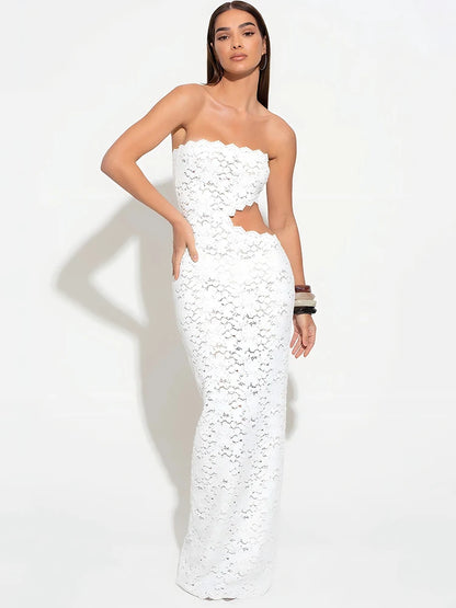 Strapless Lace Waist Cutout Mermaid Maxi Dress