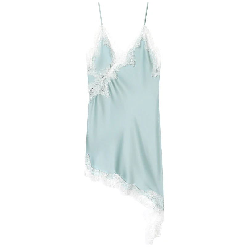 Spaghetti Strap Lace Trim Asymmetric Hem Slip Mini Dress