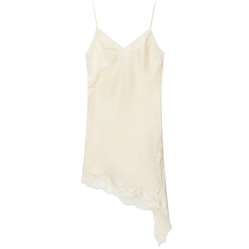 Spaghetti Strap Lace Trim Asymmetric Hem Slip Mini Dress