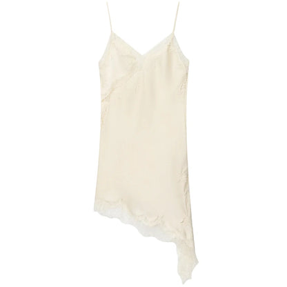 Spaghetti Strap Lace Trim Asymmetric Hem Slip Mini Dress