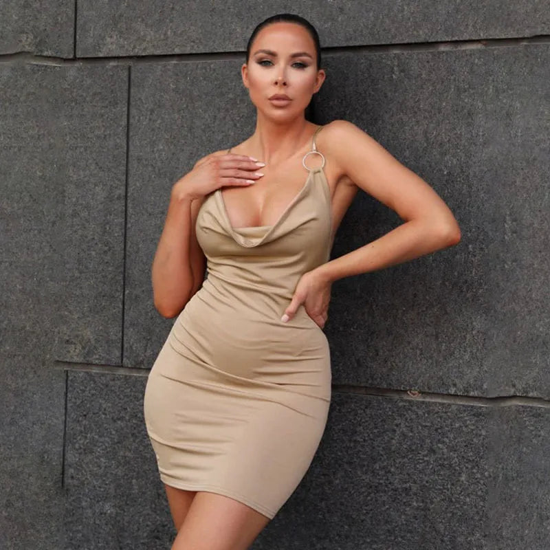 Cowl Neck Ring Detail Bodycon Mini Dress
