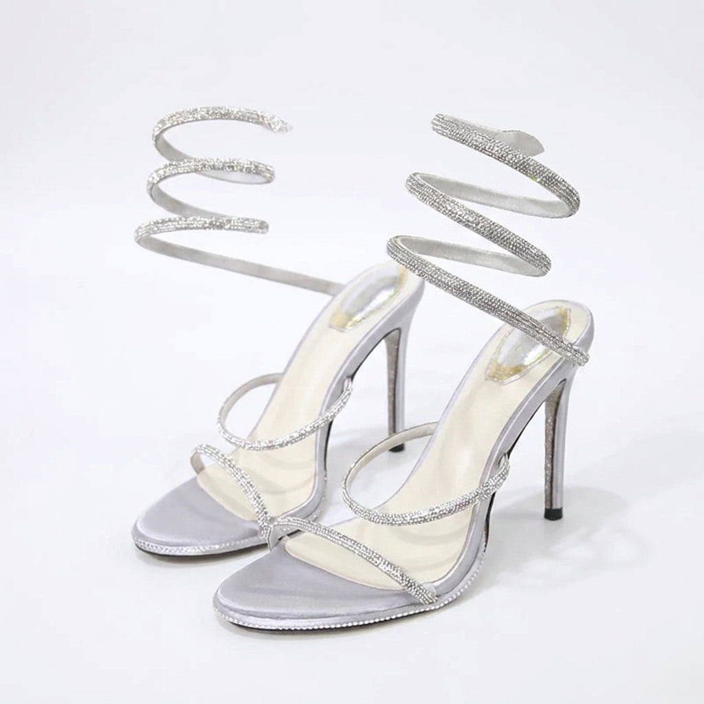 Medusa Rhinestone Spiral Wrap Around Stiletto Sandals