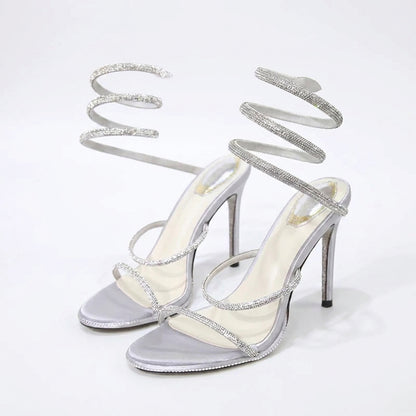 Medusa Rhinestone Spiral Wrap Around Stiletto Sandals