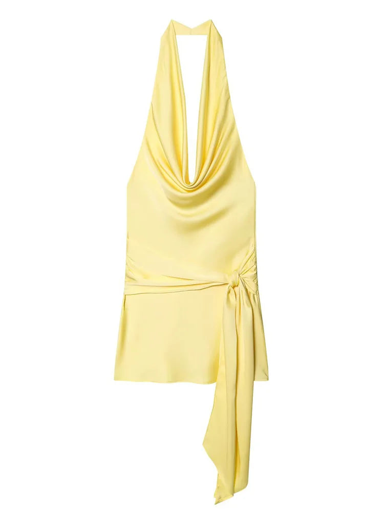Satin Cowl Neck Halter Tie Side Mini Dress