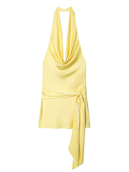 Satin Cowl Neck Halter Tie Side Mini Dress