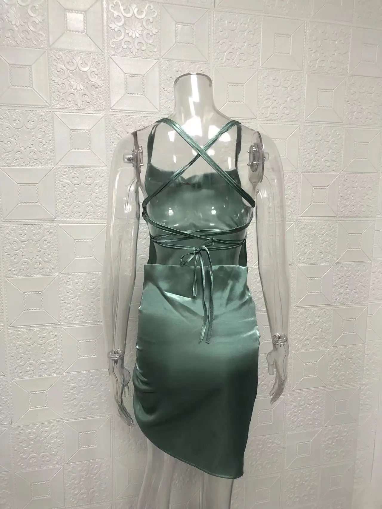 Satin Cowl Neck Ruched Side Slit Mini Dress