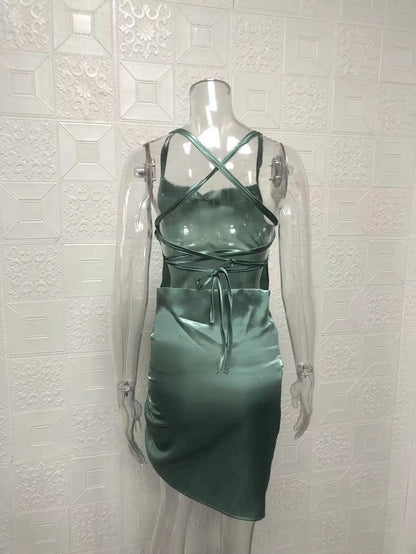 Satin Cowl Neck Ruched Side Slit Mini Dress