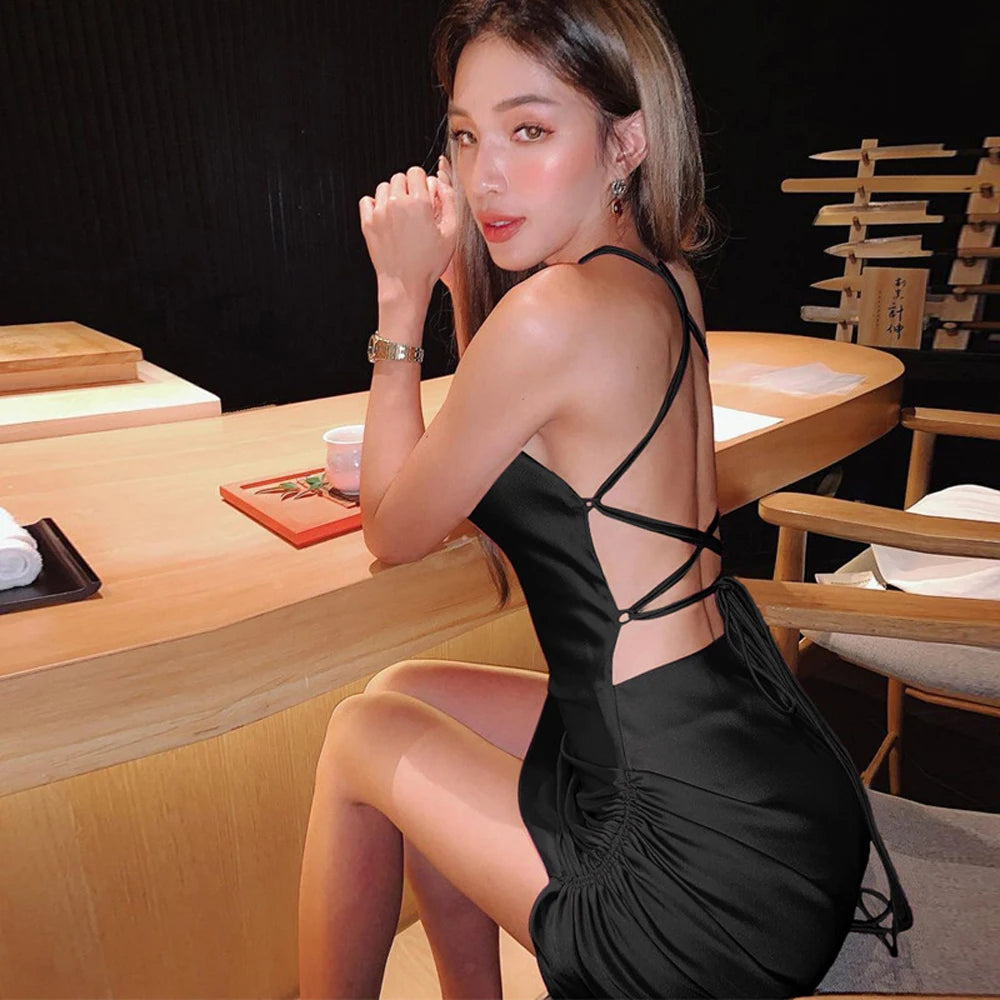 Satin Cowl Neck Ruched Side Slit Mini Dress