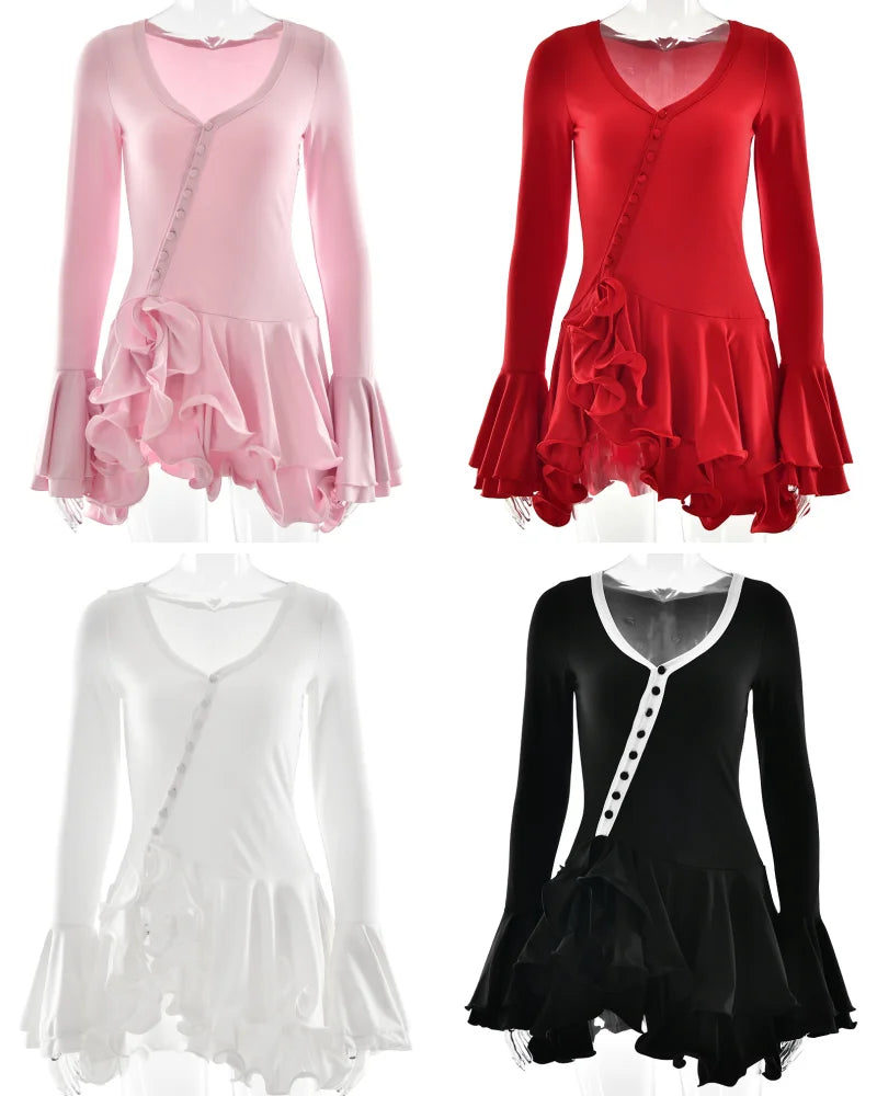Long Sleeve Scoop Neck Button Detailed Ruffle Mini Dress