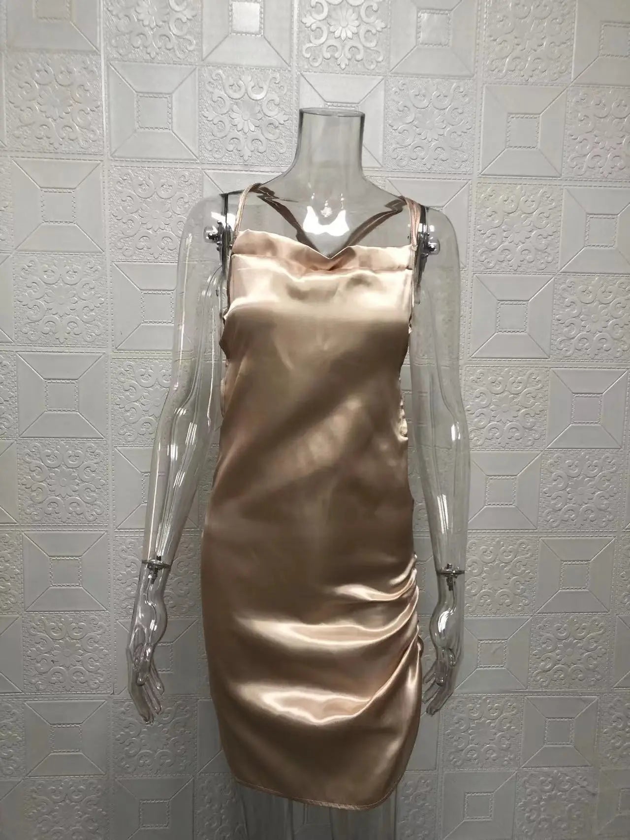 Satin Cowl Neck Ruched Side Slit Mini Dress