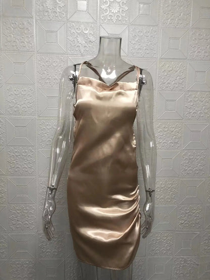 Satin Cowl Neck Ruched Side Slit Mini Dress