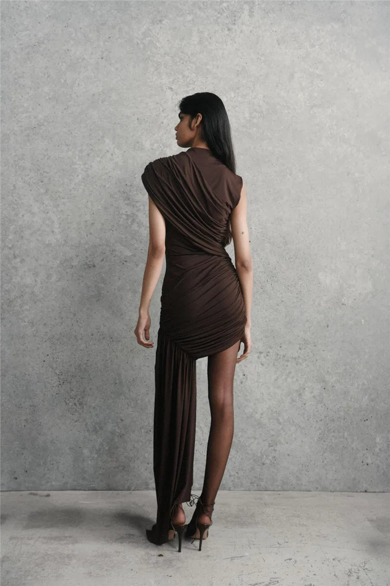 Sleeveless Mock Neck Draped Asymmetric Mini Dress