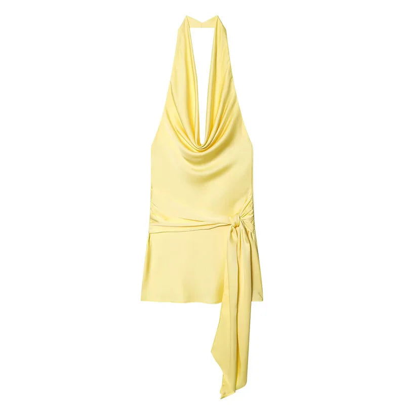 Satin Cowl Neck Halter Tie Side Mini Dress