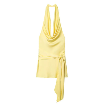Satin Cowl Neck Halter Tie Side Mini Dress
