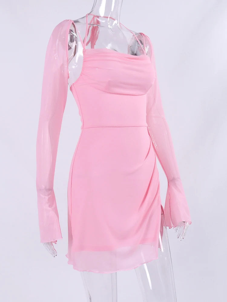 Cowl Neck Halter Mini Dress with Mesh Long Sleeves