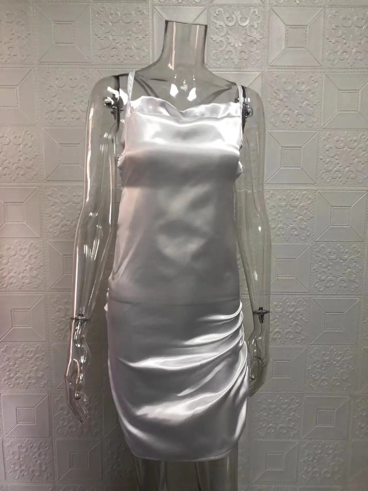 Satin Cowl Neck Ruched Side Slit Mini Dress