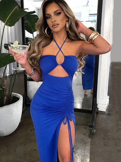 Halter Neck Criss Cross Cutout Ruched Side Slit Midi Dress