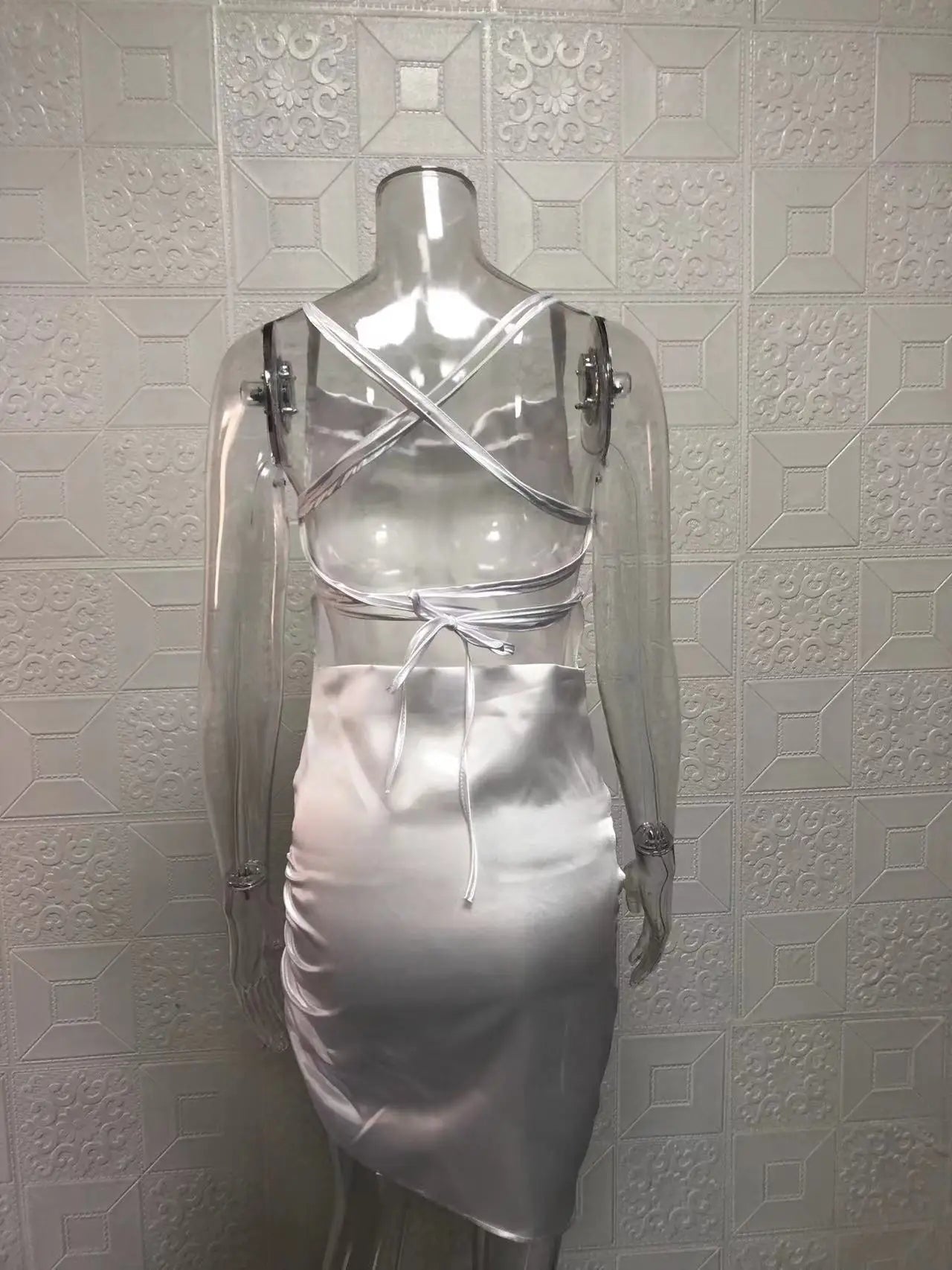 Satin Cowl Neck Ruched Side Slit Mini Dress