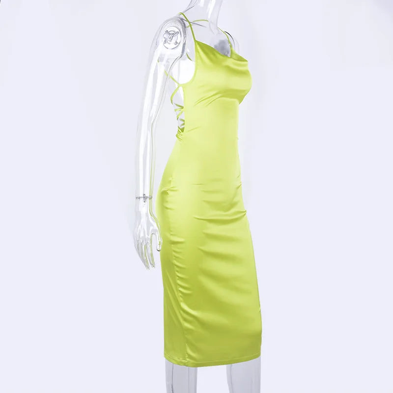 Satin Cowl Neck Backless Bodycon Midi Dress