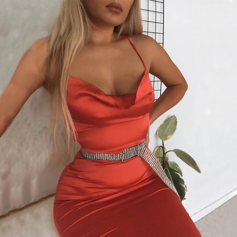 Satin Cowl Neck Backless Bodycon Midi Dress