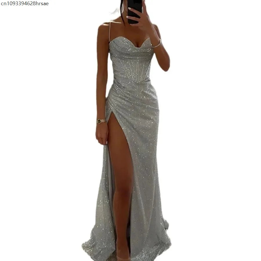 Spaghetti Strap Cowl Neck Corset Glitter High Slit Maxi Dress