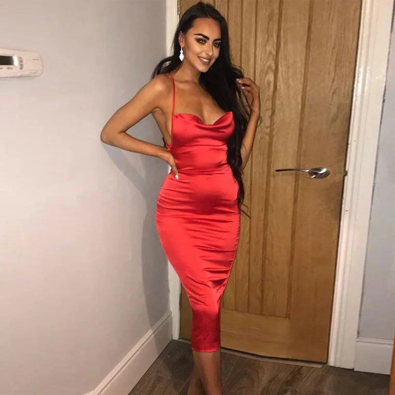 Satin Cowl Neck Backless Bodycon Midi Dress