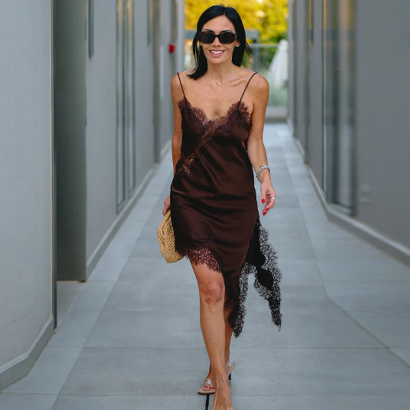 Spaghetti Strap Lace Trim Asymmetric Hem Slip Mini Dress